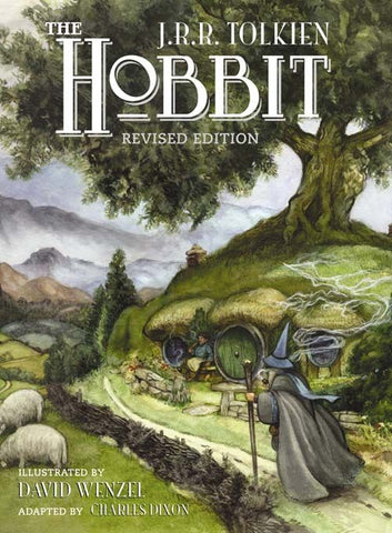 Cover of 'The Hobbit' revised edition by J.R.R. Tolkien, featuring a hobbit house and wizard illustration.